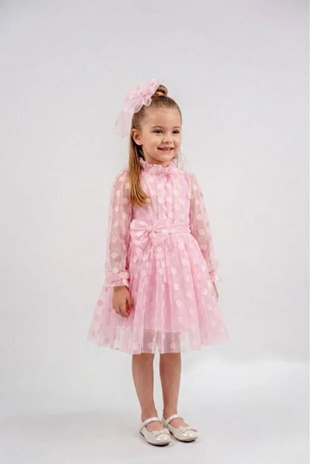 Детское вечернее платье для девочек с принтом Polka Dot Buckle Bow Detailed Eray Kids, Pink — фото 2
