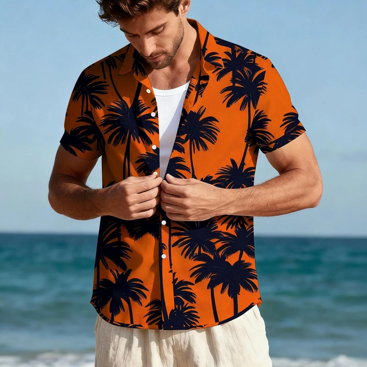 Мужская гавайская рубашка с цветочным принтом Button Down Casual Tee, Orange — фото 2
