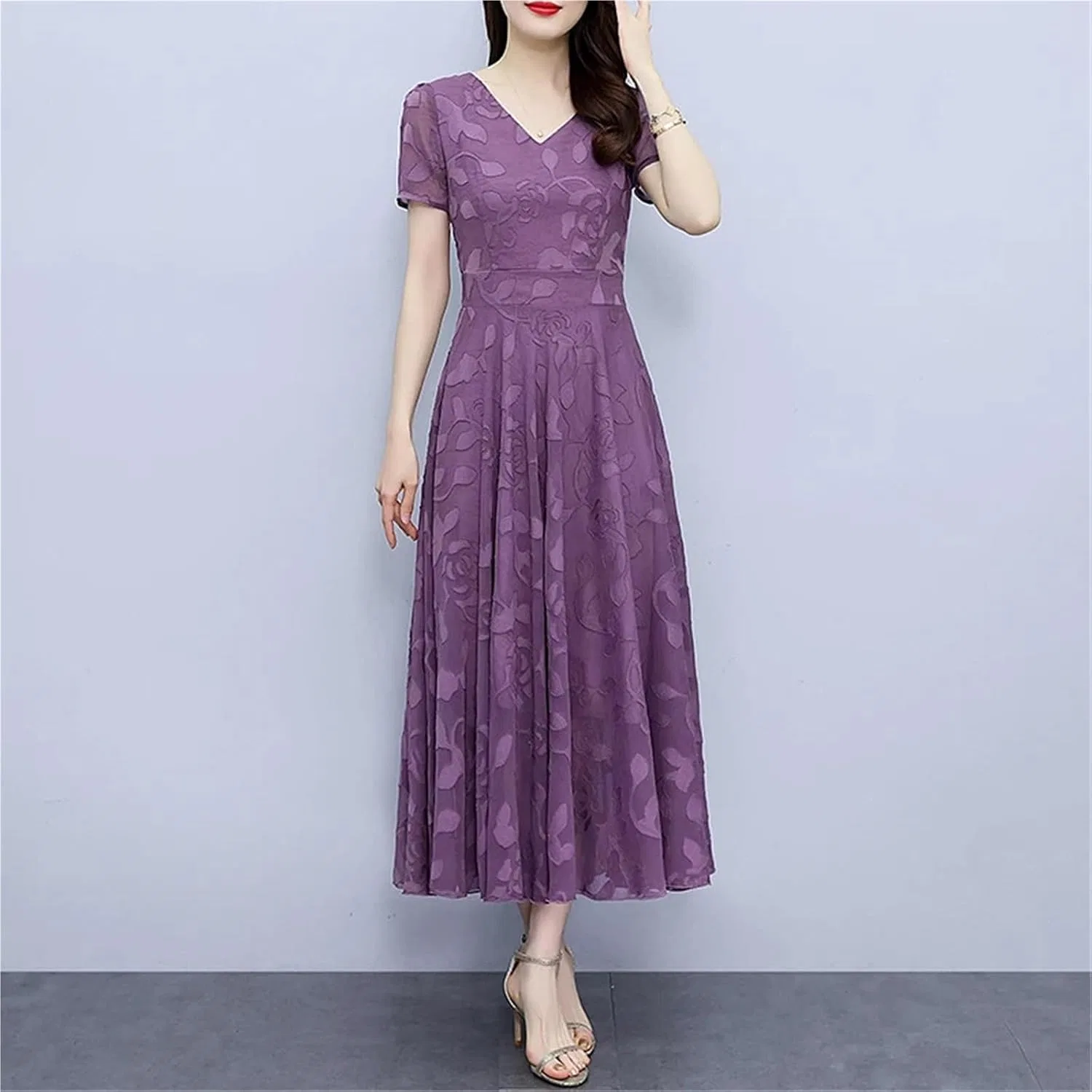 Женское макси-платье шифон с V-образным вырезом Purple — фото 3