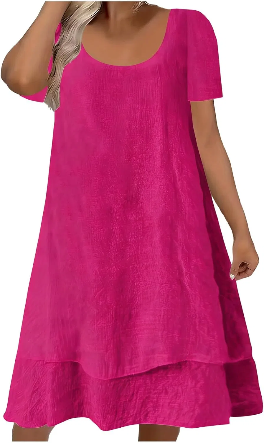 Женское летнее пляжное платье A-силуэта с круглым воротником, Hot Pink