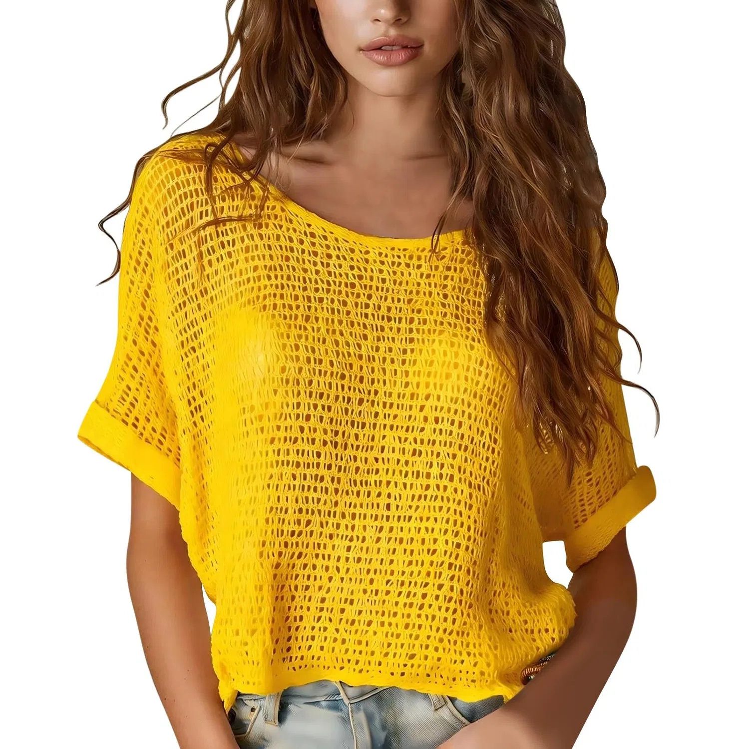 Женское вязаное кружевное укороченное пальто с коротким рукавом, Yellow