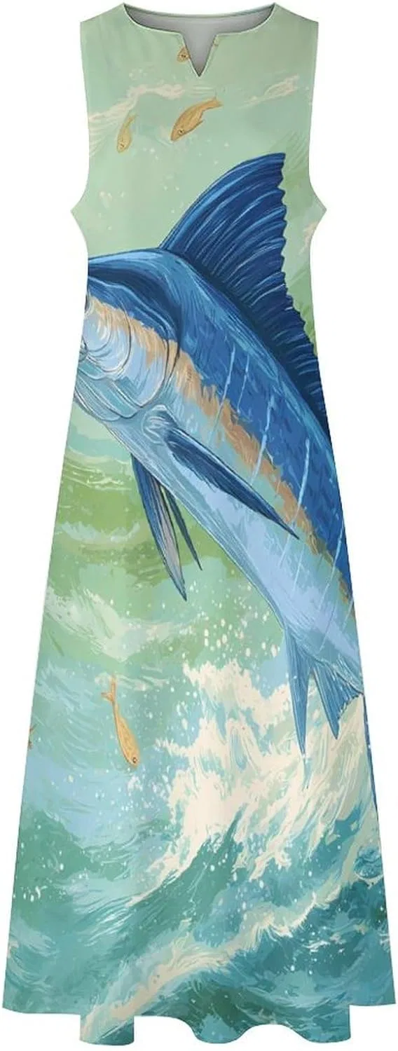 Женское повседневное платье без рукавов с карманами, Blue Marlin Fish Painting — фото 4