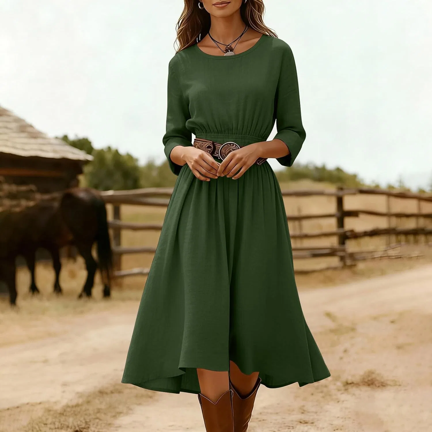 Женское повседневное платье миди с 3/4 рукавом Cotton Linen Dresses, Army Green — фото 3