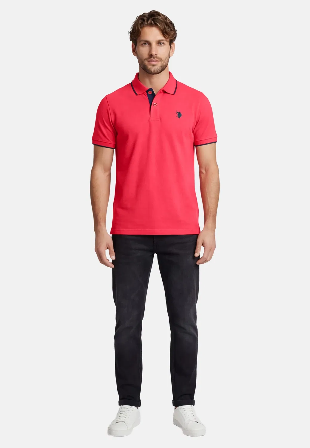 Мужское поло классический крой U.S. Polo Assn., Coral-Navy — фото 3
