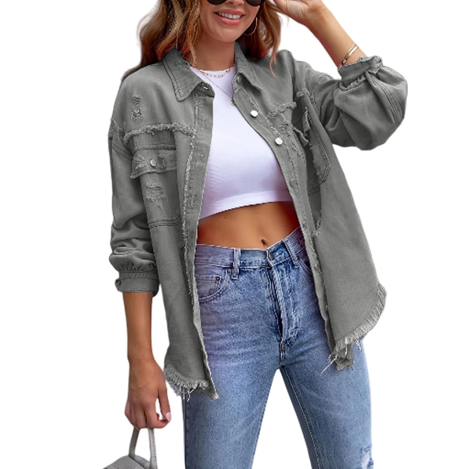 Женское джинсовое пальто с бахромой Boyfriend, Grigio chiaro