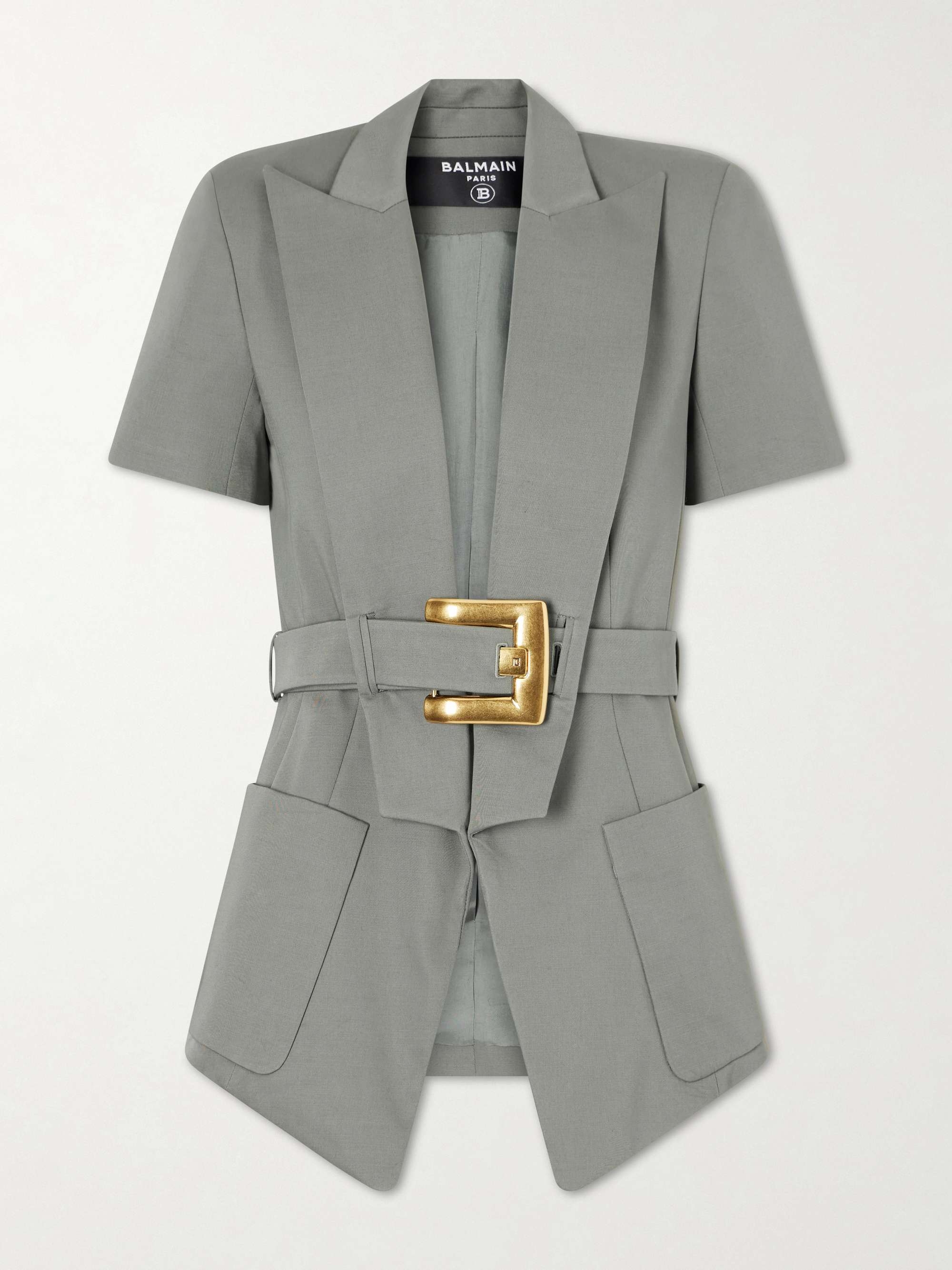 Пиджак Balmain Belted Cotton-gabardine, серо-зеленый