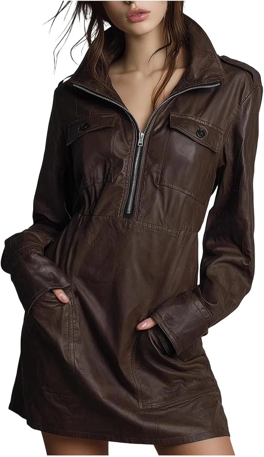 Женское платье с полузастежкой PU Leather Vintage с карманами, Coffee