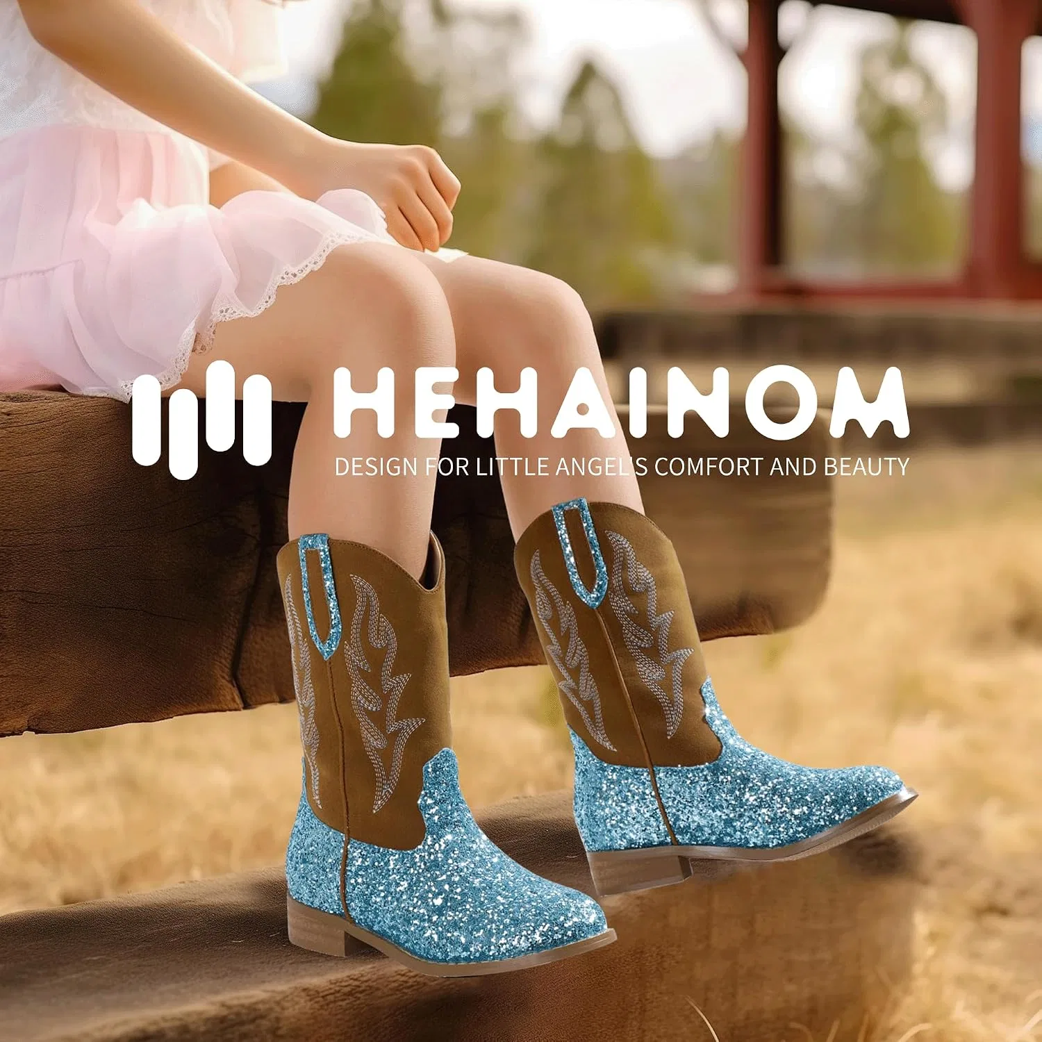 Детские сапоги для девочек с вышивкой Cowgirl Boots Hehainom, Bluesequin — фото 2