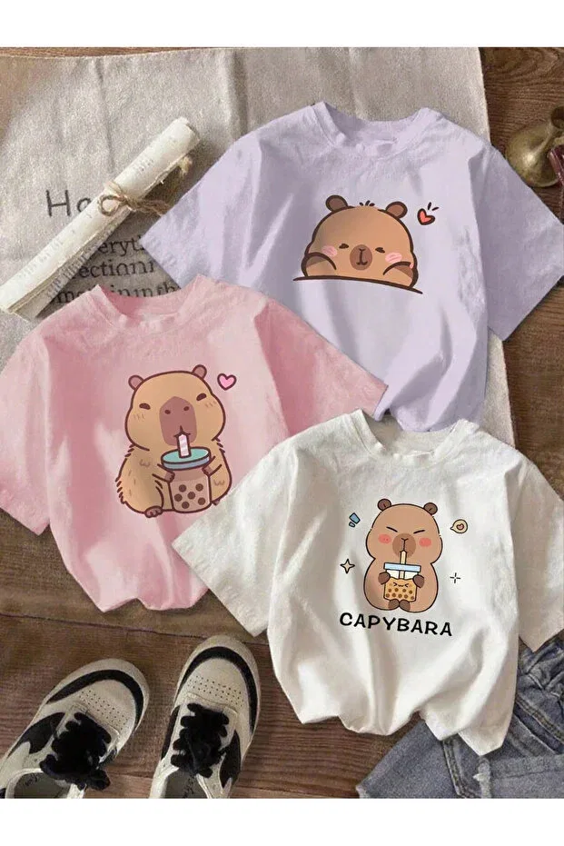 Детский комплект футболок для девочек с принтом Girl's cappybara printed 3-piece set Cc Collection, Pink-White-Lilac