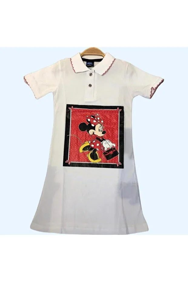Детское платье для девочек с принтом Minnie Mouse Printed Polo Collar Lacost Fabric Girl's Dress Sparrow Laurel, White — фото 4