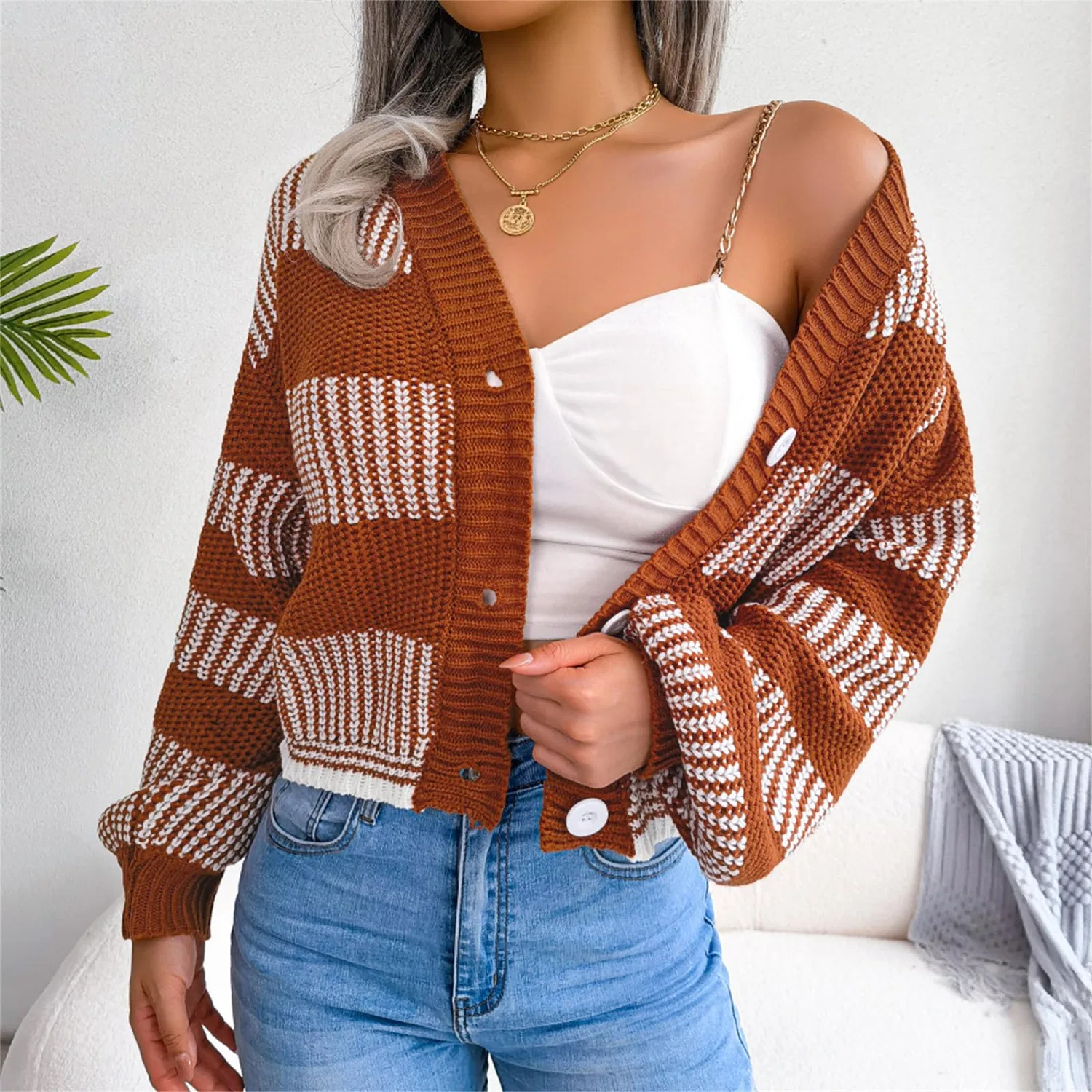 Женское пальто с длинным рукавом, модель Cardigan da donna, Marrone — фото 4