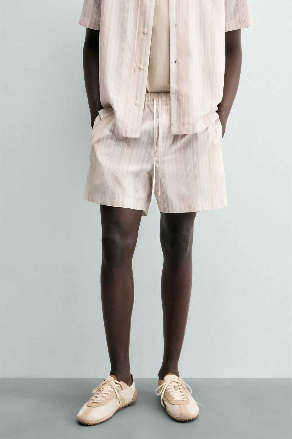 Полосатые шорты-бермуды свободного кроя ZARA, Light beige — фото 2