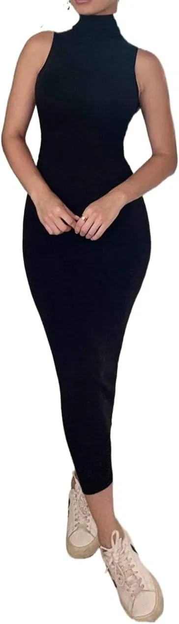Женское облегающее платье с высоким воротником без рукавов Rib-Knit, Black