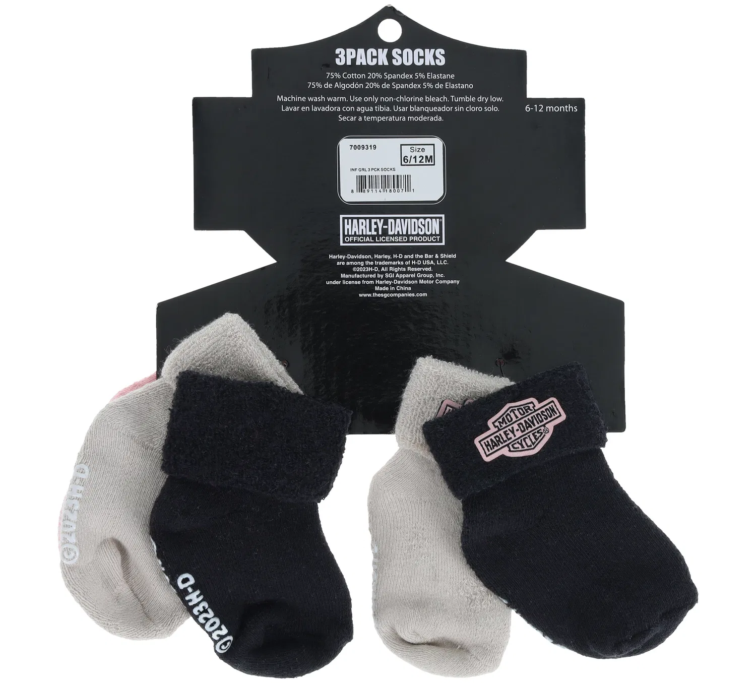 Детские носки-комплект 3 пары с принтом логотипа Harley Davidson, Black/Dusty Pink/Cream — фото 2