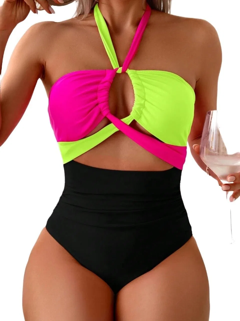 Женский монокини с цветовым блоком Halter Neck Backless, Multicolor