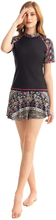 Женский танкини с принтом, Two Piece Short Sleeve, Black — фото 2