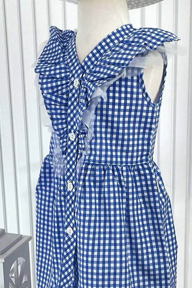 Детское платье для девочек с принтом Gingham dress with blue hat Generic Brands, Blue — фото 3