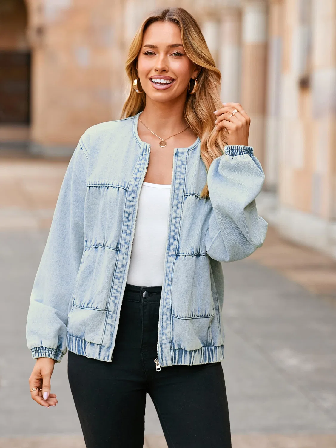 Женское джинсовое пальто с длинным рукавом Donna Denim Bomber, Azzurro — фото 2