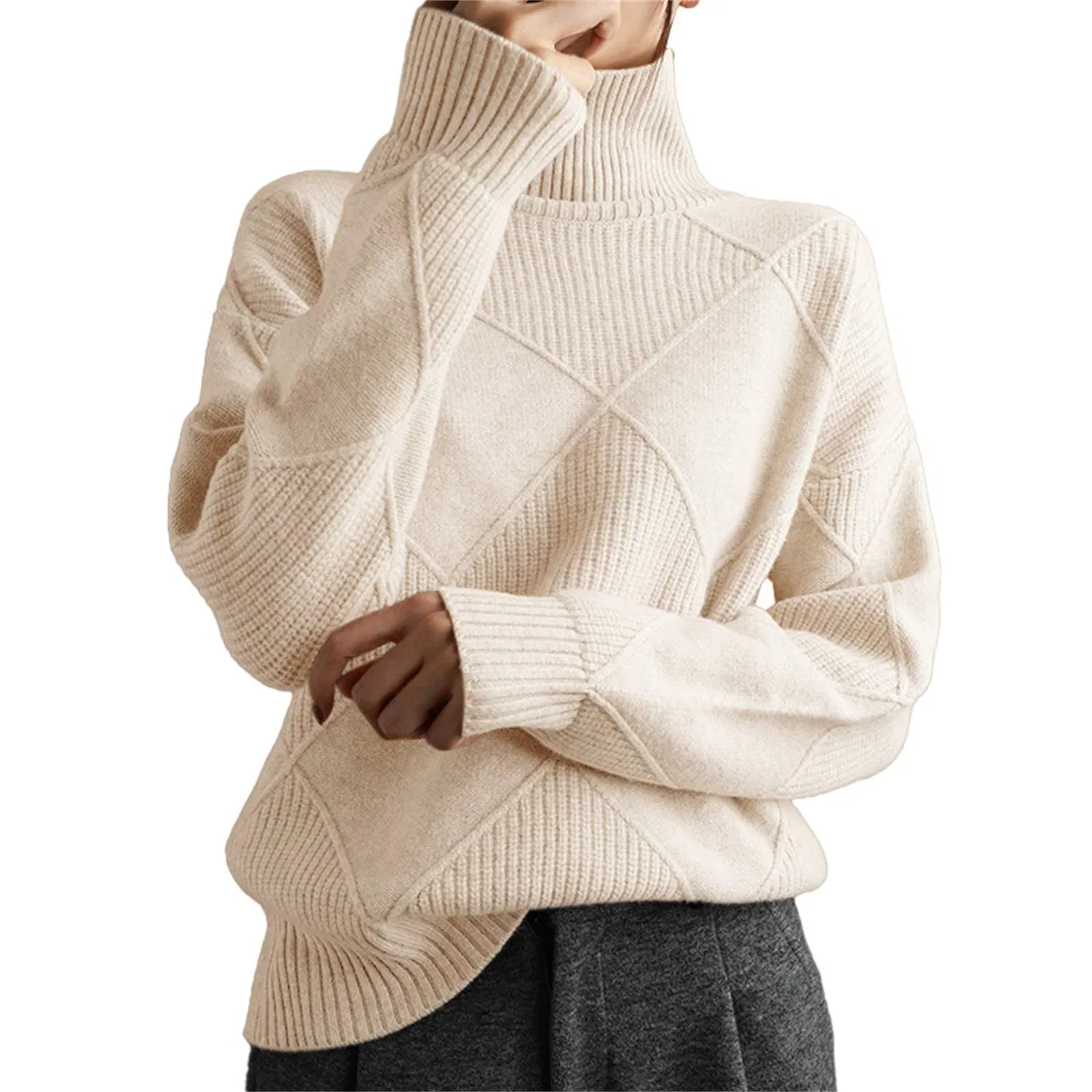 Женский свободный свитер с высоким воротом, Beige