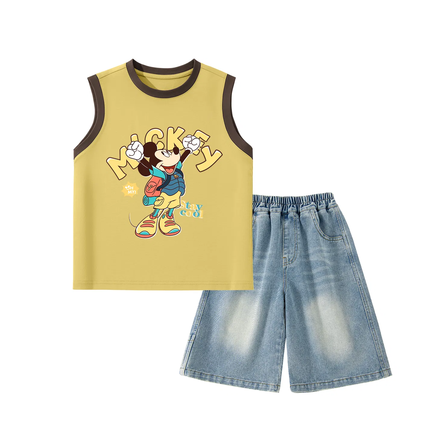 Детский спортивный костюм с круглым вырезом, тонкий, Disney, Di's Mysterious Brown Yellow+Solid Color Denim Blue