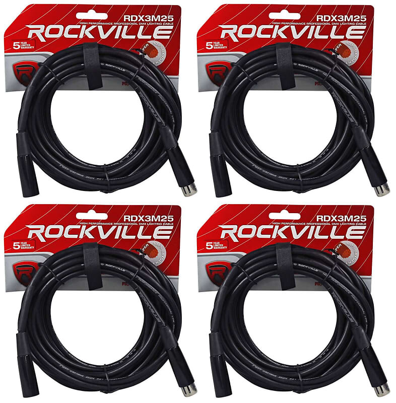 

(4) Rockville RDX3M25 25-футовые 3-контактные кабели освещения DMX, 100 % из бескислородной меди, гнездовой и штекерный (4) RDX3M25