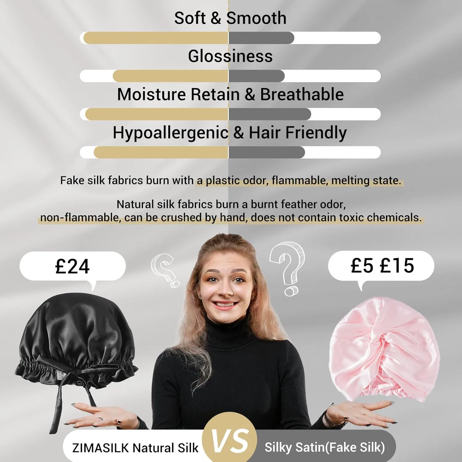 Шапочка для душа ZIMASILK из 100% мульберового шелка, 1 шт, Black — фото 4