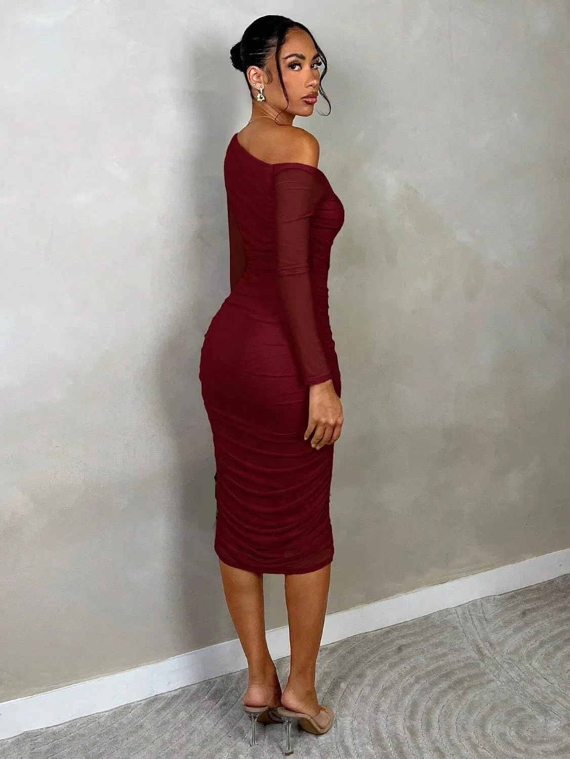 Женское платье миди с длинным рукавом Bodycon, Burgundy — фото 2