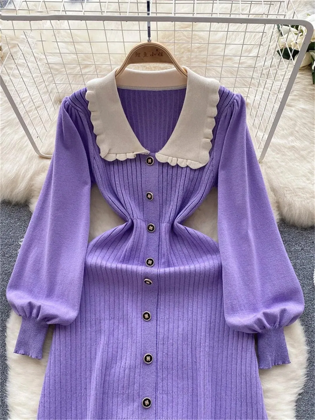 Женское платье-свитер цвет-блок с воротником-питерпан, Single Breasted, Purple — фото 4