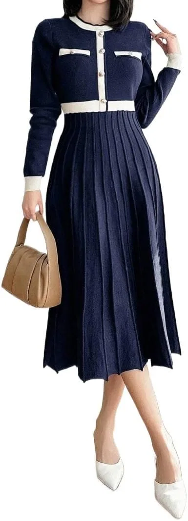 Женское платье миди с длинным рукавом, Navy Blue