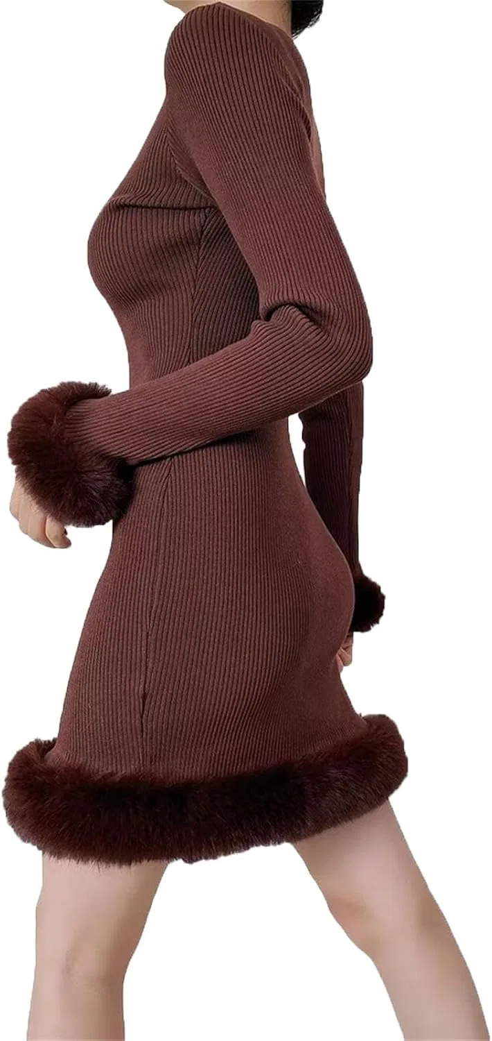 Женское мини-платье bodycon с меховой отделкой, 3