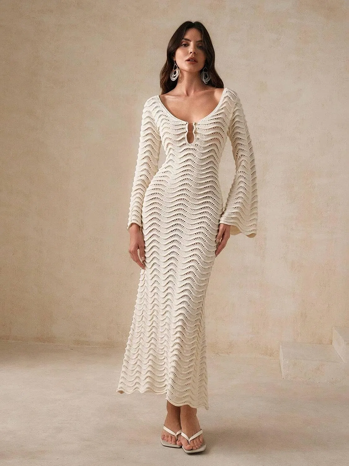 Женский пляжный свитер-туника с вырезами, Knit Hollow Out, Apricot — фото 3