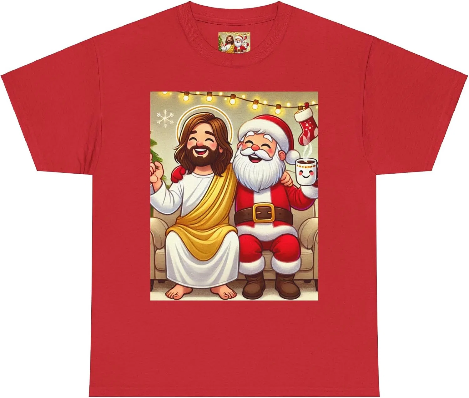 Женская футболка с принтом Funny Santa Jesus Hanging Out, красный