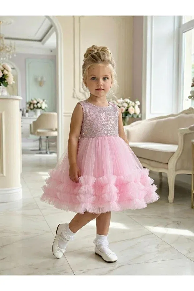 Детское платье для девочек с пайетками с длинным рукавом Butikhappykids, Pink