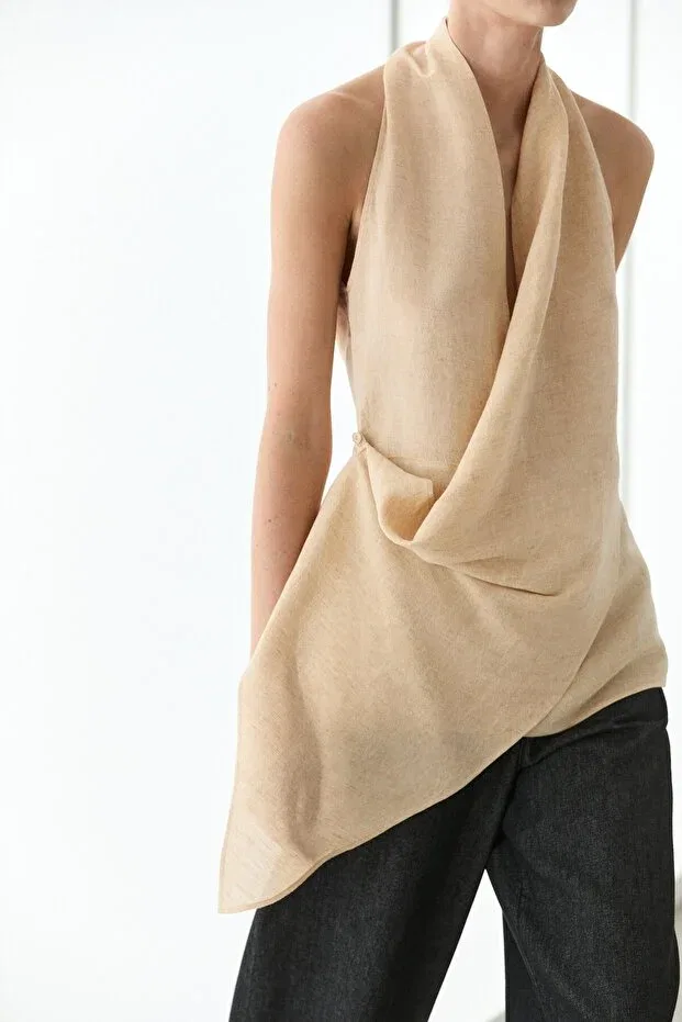 Женская блузка с запахом льняная Massimo Dutti, Stone Gray — фото 3