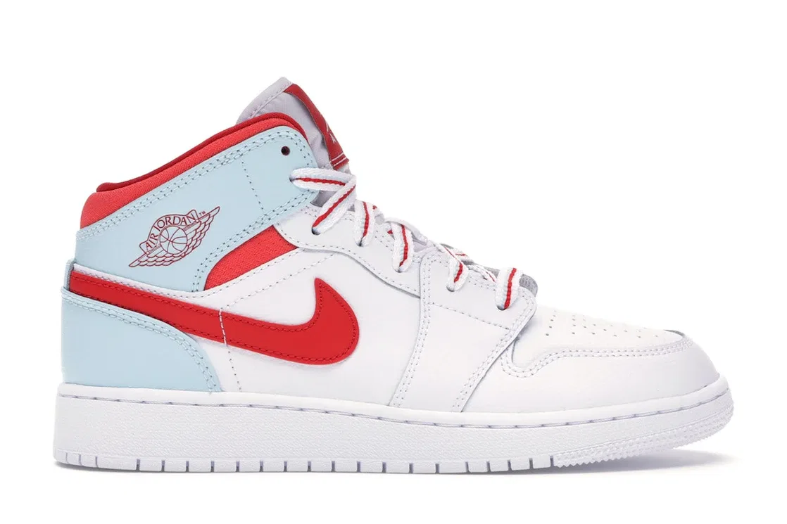 Детские кроссовки с белой кожаной верхом Jordan 1 Mid Jordan, White/University Red-Topaz Mist-Ember Glow