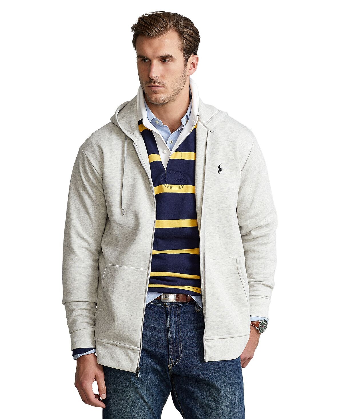 Мужская толстовка с капюшоном big & tall двойной вязки с молнией во всю длину Polo Ralph Lauren, серый — фото 2