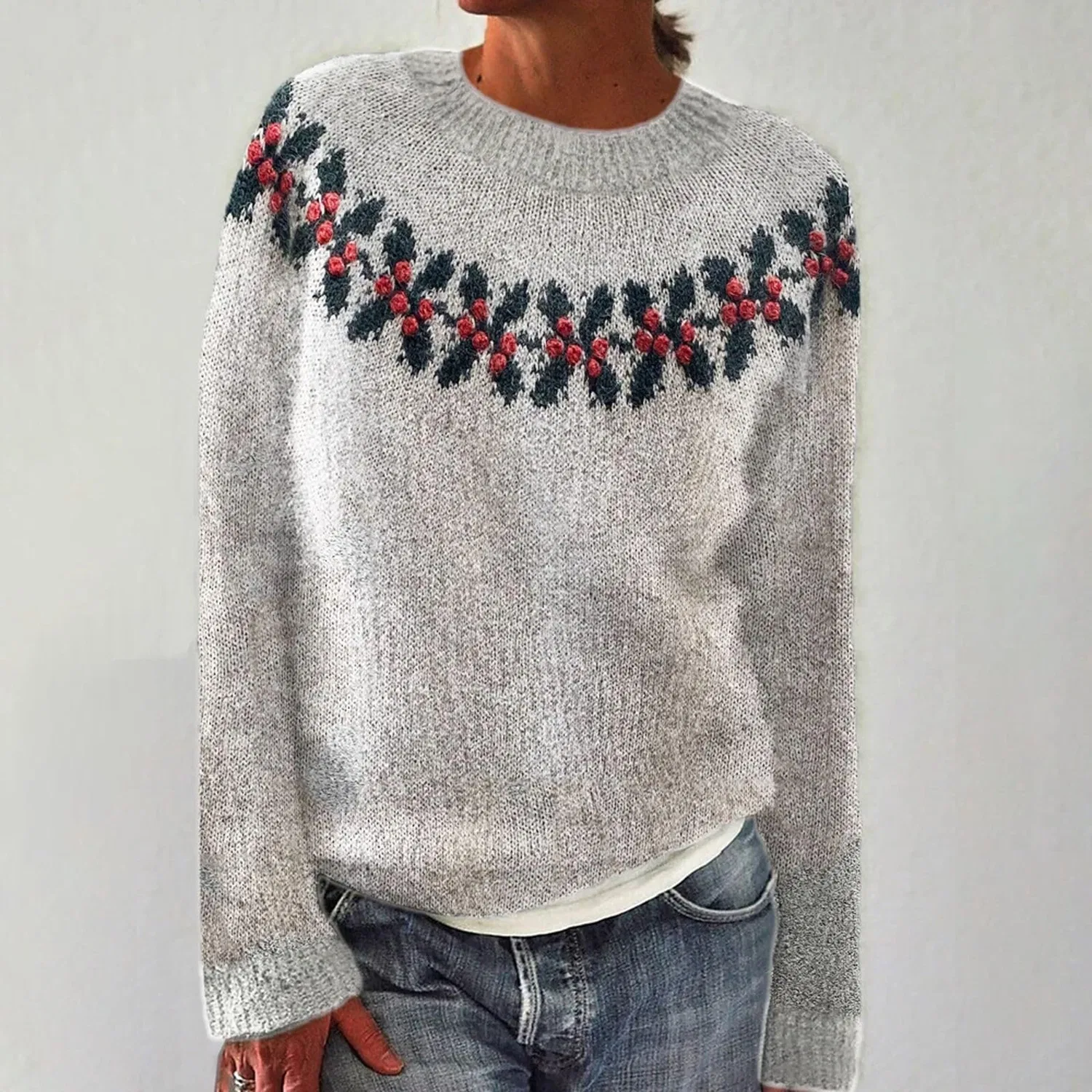 Женский свитер с принтом Fair Isle HUIFUAO, Z23 Grey — фото 2