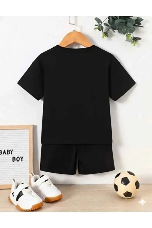 Детский комплект для девочки с принтом Summer children's t-shirt shorts unisex (ball playing man print Nice Clothes, Top And Bottom Black — фото 2