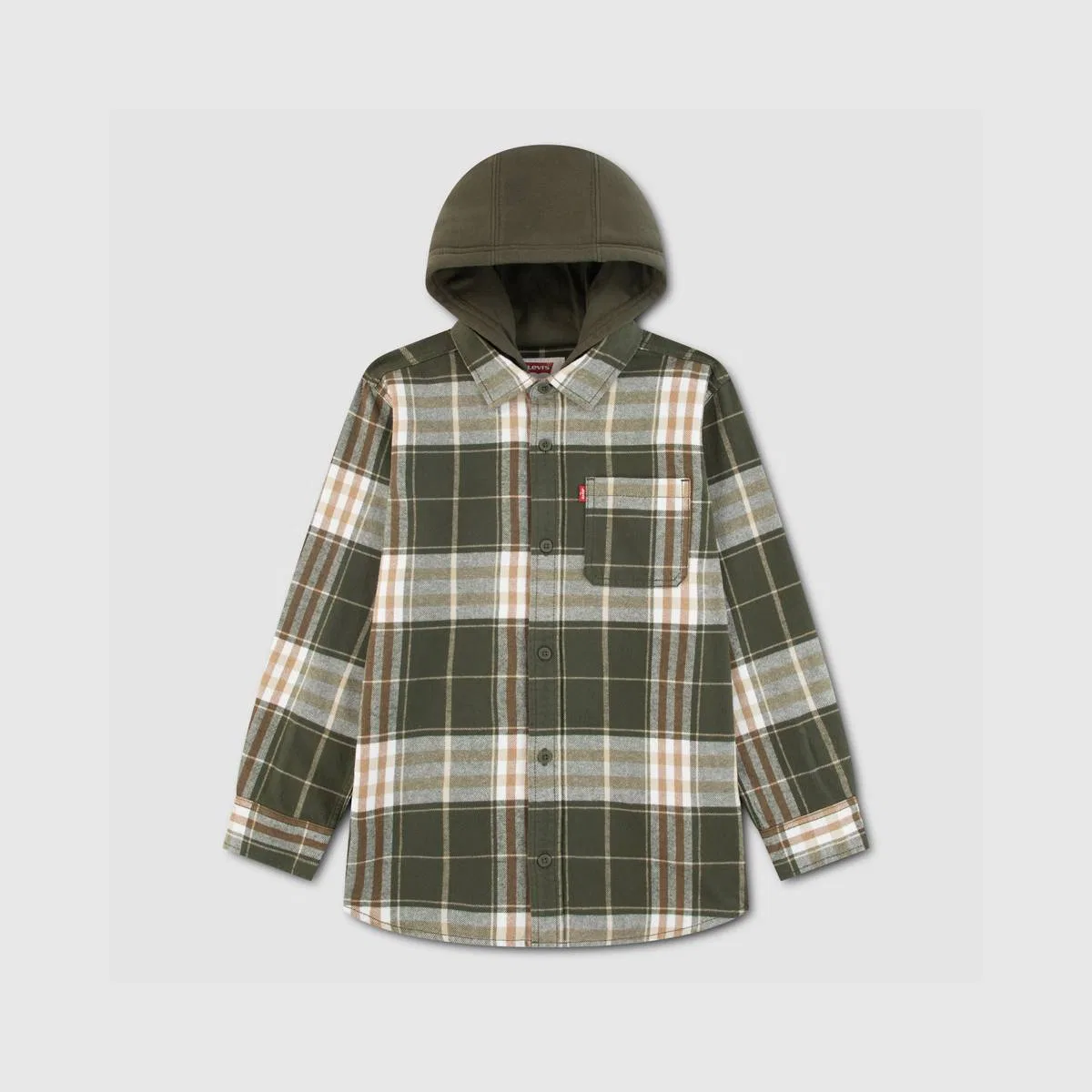 Фланелевая рубашка в клетку с капюшоном для мальчиков 4-7 лет Levi's, Olive Night - Green
