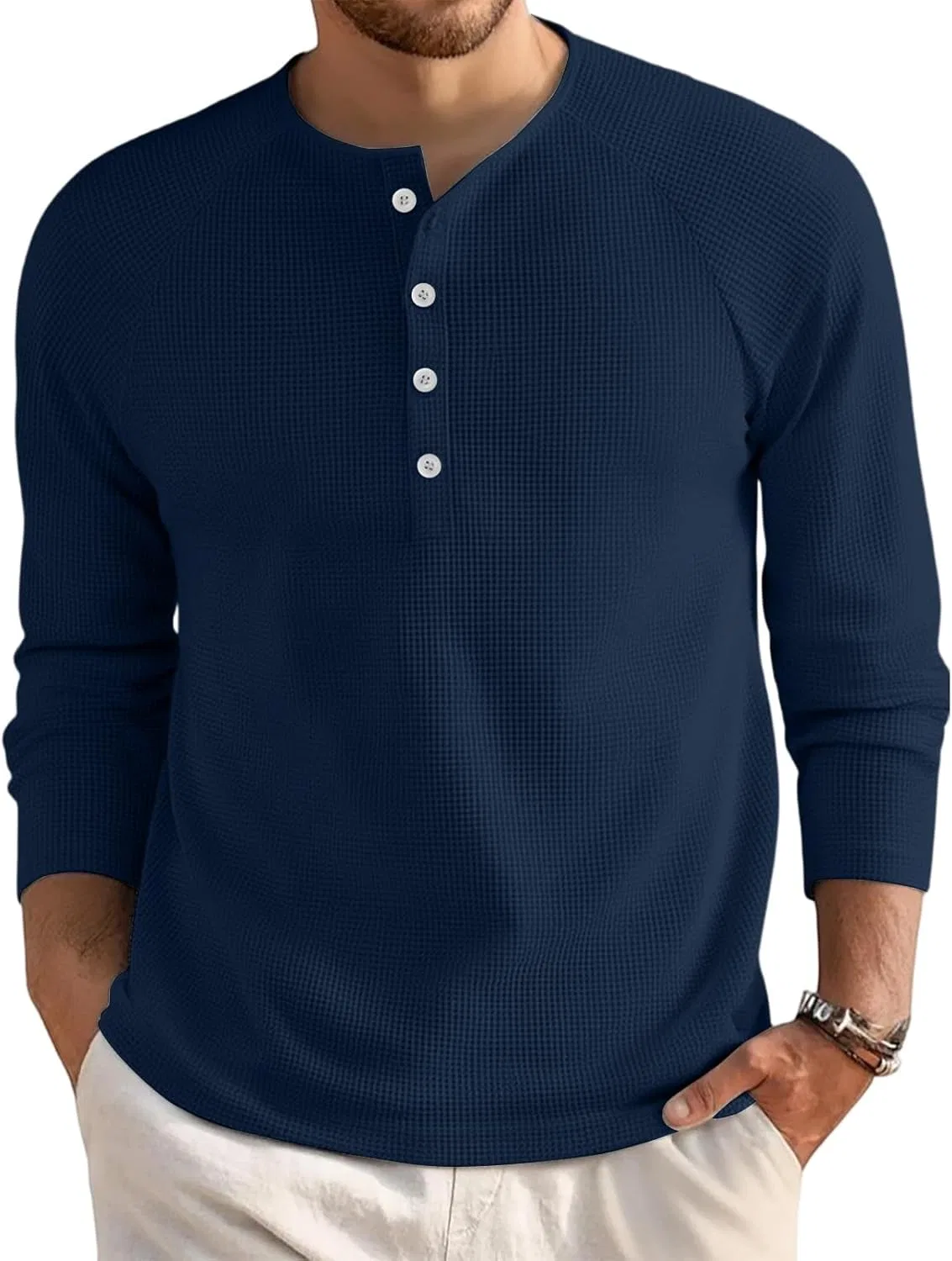 Мужская футболка с длинным рукавом хенли OMING, Navy