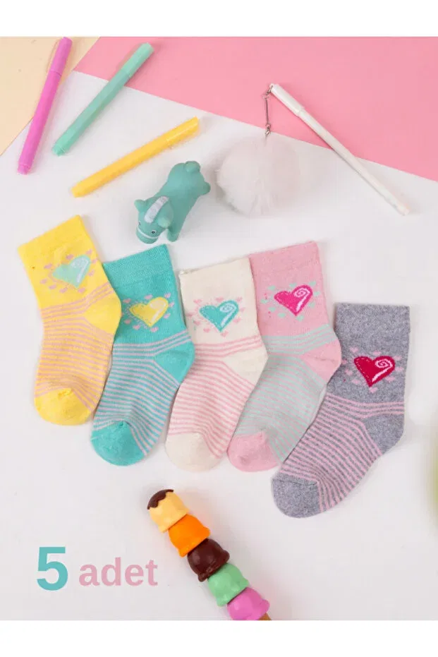Детские носки с принтом 5 пар 5'Pair baby & kids socks heart patterned four seasons school socks Hobins Sportswear & Company, Multicolor — фото 2