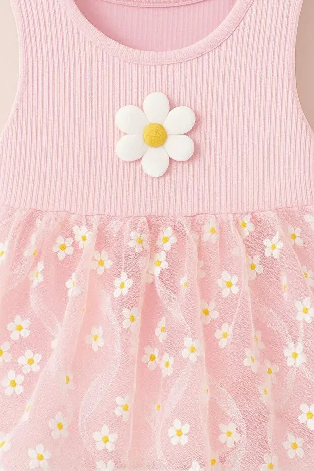 Детское платье для девочек с принтом Daisy patterned tulle dress with ribbed sleeves Dinamik Çocuk, Pink Flowered — фото 4