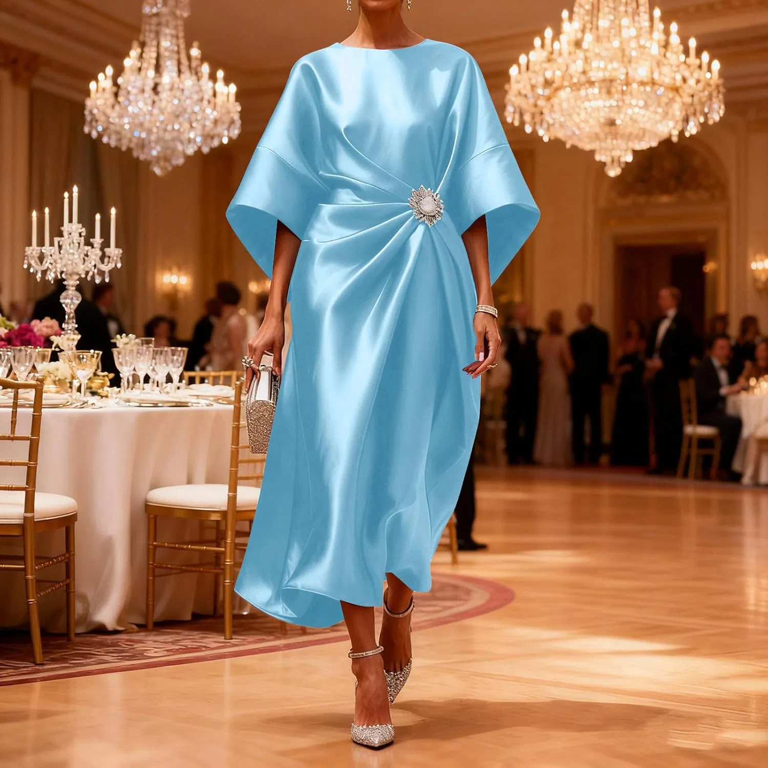 Женское длинное элегантное платье с жемчужными цветами Boat Neck Satin, Sky Blue — фото 3