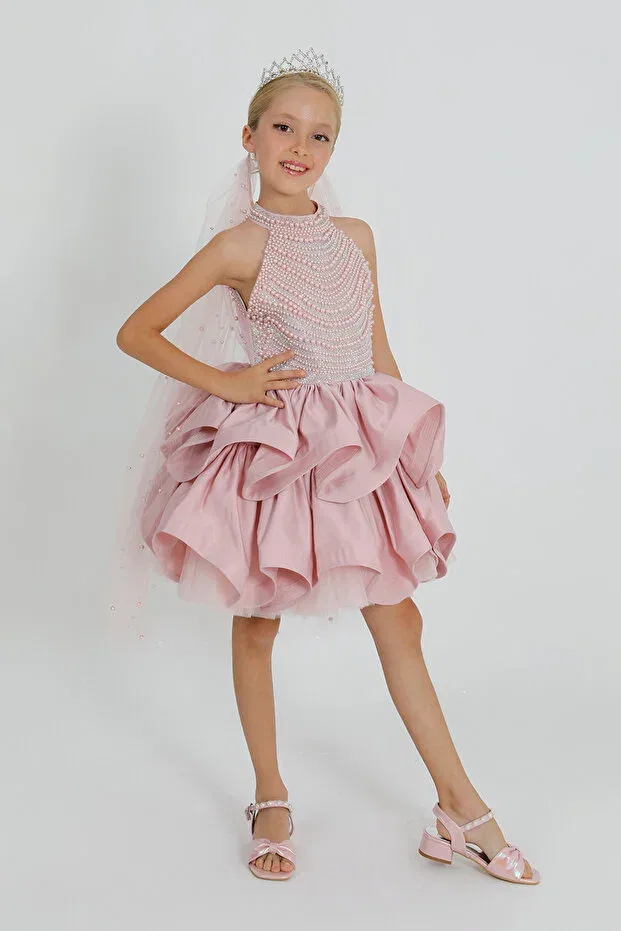 Детское платье для девочек с принтом Pearl-Embellished evening gown Star Pearl Kids, Pink — фото 2