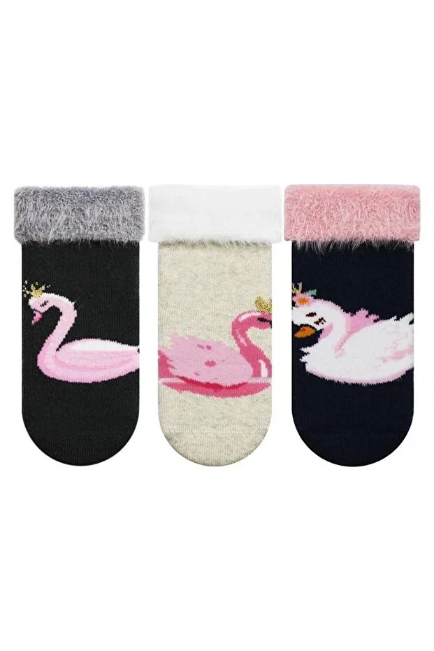 Детские носки для новорожденных с принтом Fringed Swan Patterned Towel Semoor, Cream-Black-Navy Blue