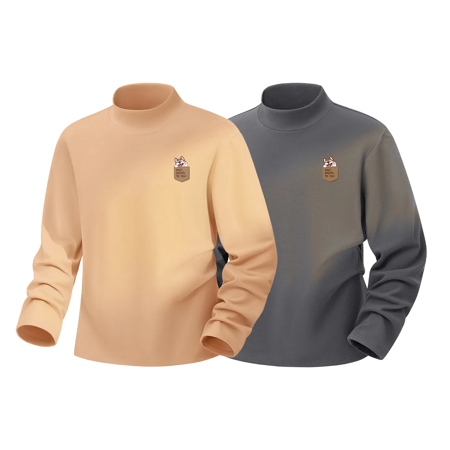 Детское футболка унисекс с высоким воротом с принтом Tonlion, Khaki (Tb Qiyuan Wangwang Chest Mark)+Gray (Tb Qiyuan Wangwang Chest Mark)