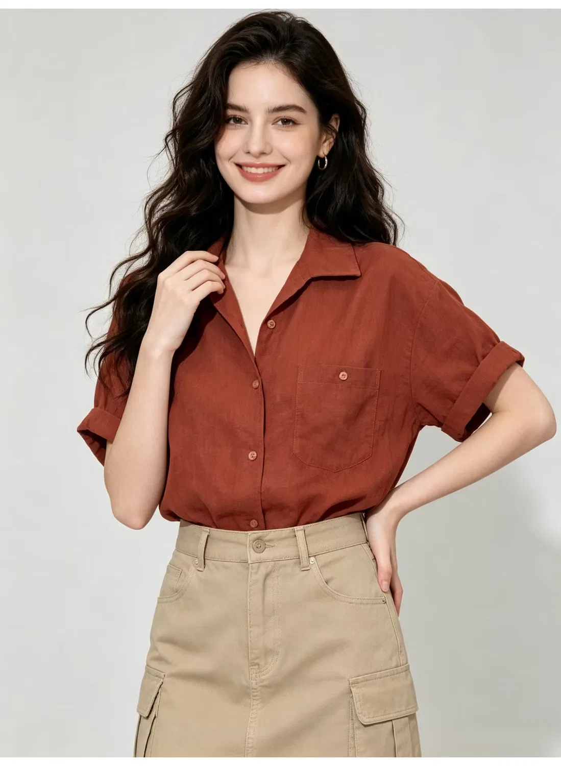 Рубашка с коротким рукавом и подвернутыми манжетами Zara, ржавый