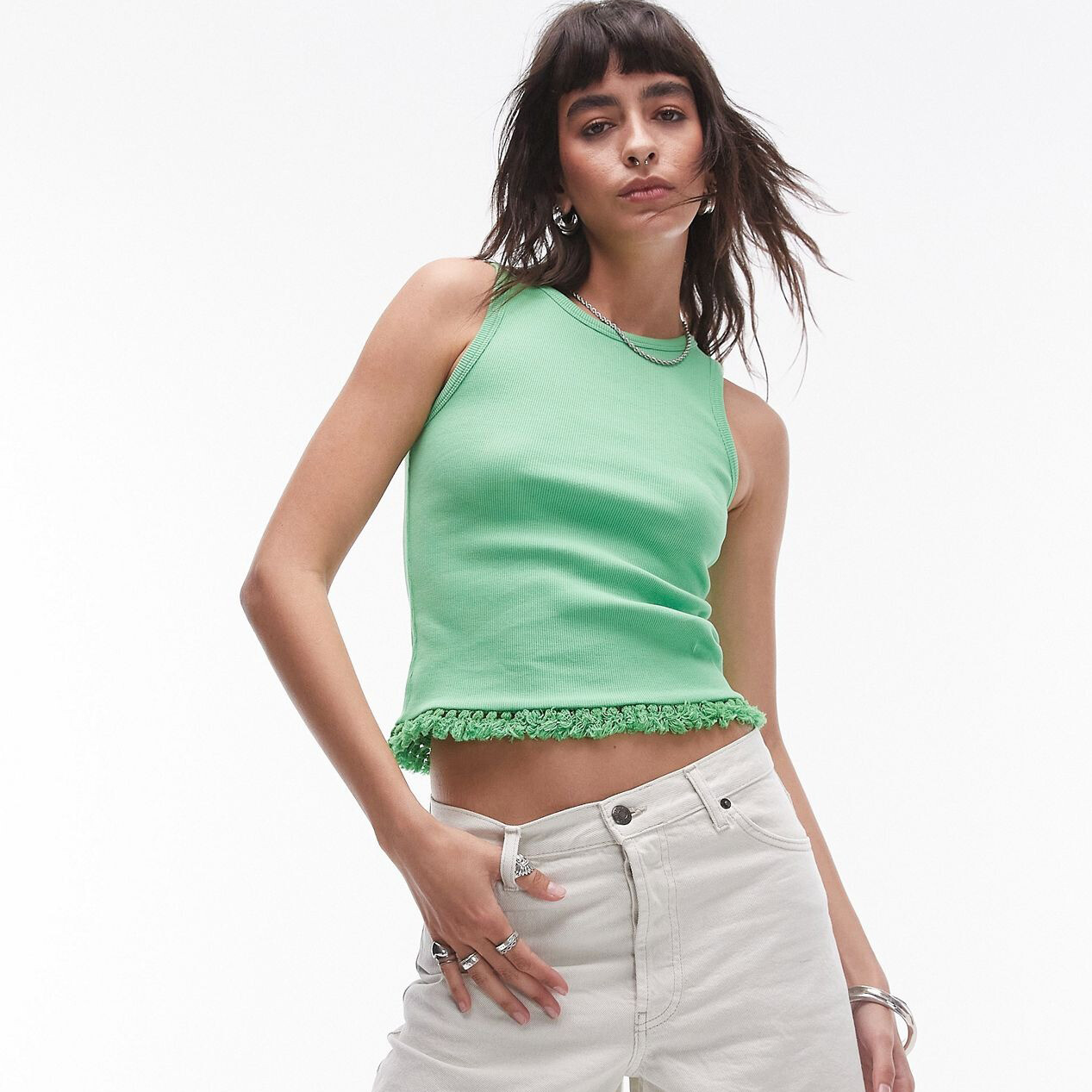 Топ Topshop Ribbed Sleeveless With Tassels, зеленый