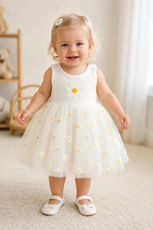 Детское платье для девочек хлопковое Daisy Embroidered Summer Tulle Snap Fastener Dress Beniizle, White