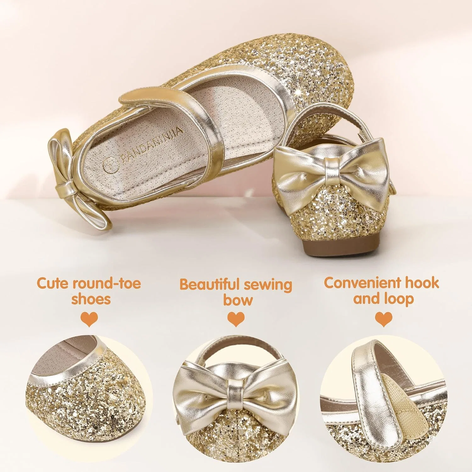 Детские балетки для девочек с цветочным принтом PANDANINJIA, Ag Gold Sequin — фото 4